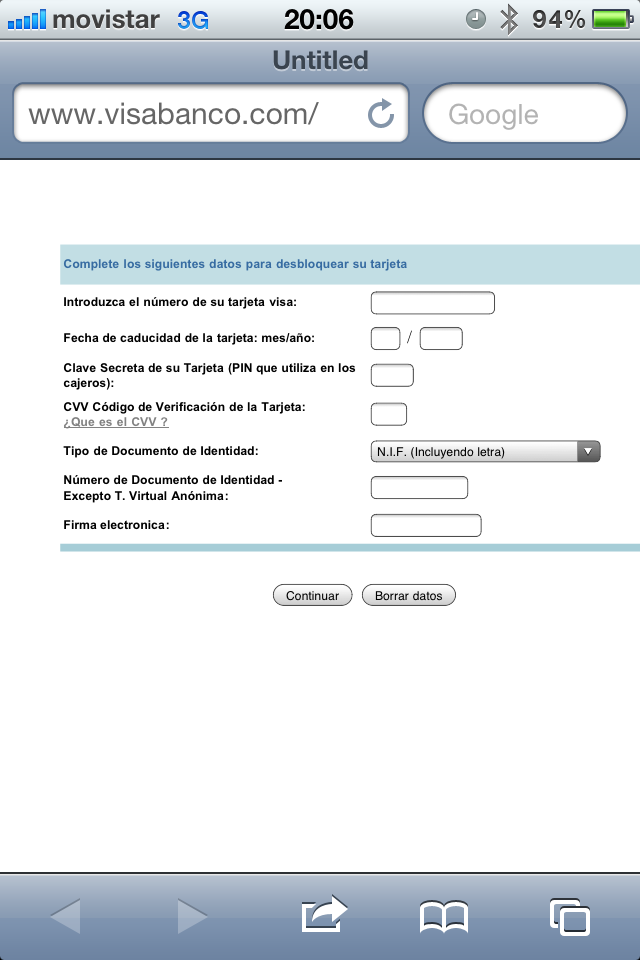 Web ficticia. Formulario de toma de datos bancarios