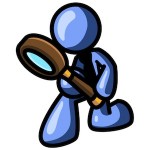 Blue Man Bending Over to Inspect Something Through a Magnifying Glass Clipart Illustration