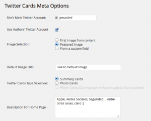 Configuración de Twitter Cards Meta Options. 