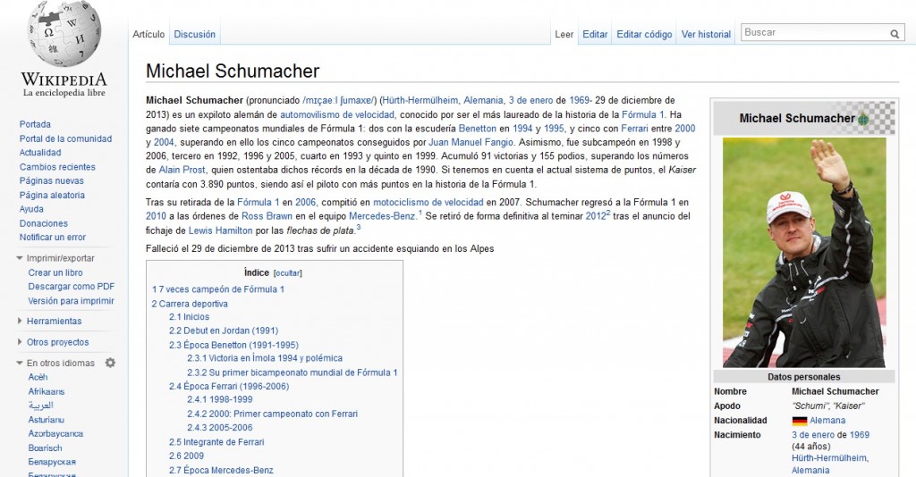 Shumacher muerto según la wikipedia